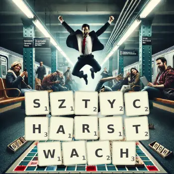 Kreatywna ilustracja do gry w Scrabble ze słowem SZTYCHARSTWACH ułożonym z płytek na planszy.