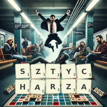 Kreatywna ilustracja do gry w Scrabble ze słowem SZTYCHARZA ułożonym z płytek na planszy.