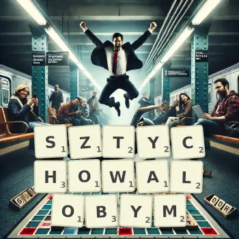 Kreatywna ilustracja do gry w Scrabble ze słowem SZTYCHOWALOBYM ułożonym z płytek na planszy.