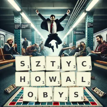 Kreatywna ilustracja do gry w Scrabble ze słowem SZTYCHOWALOBYS ułożonym z płytek na planszy.