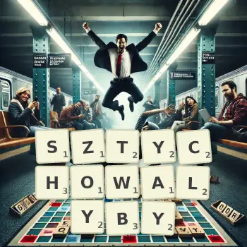 Kreatywna ilustracja do gry w Scrabble ze słowem SZTYCHOWALYBY ułożonym z płytek na planszy.