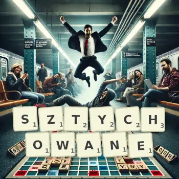 Kreatywna ilustracja do gry w Scrabble ze słowem SZTYCHOWANE ułożonym z płytek na planszy.