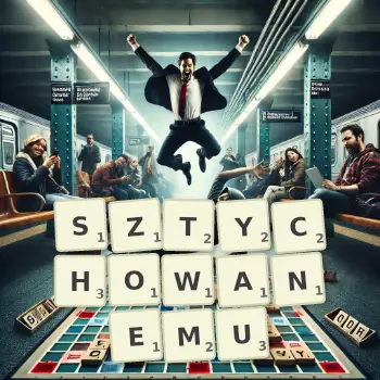 Kreatywna ilustracja do gry w Scrabble ze słowem SZTYCHOWANEMU ułożonym z płytek na planszy.
