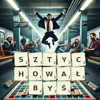 Kreatywna ilustracja do gry w Scrabble ze słowem SZTYCHOWAŁBYŚ ułożonym z płytek na planszy.