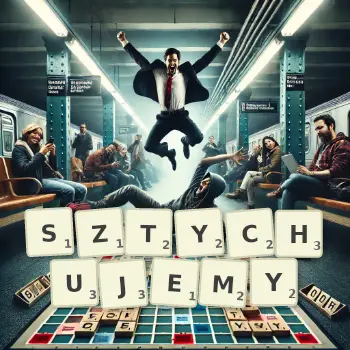 Kreatywna ilustracja do gry w Scrabble ze słowem SZTYCHUJEMY ułożonym z płytek na planszy.