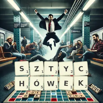 Kreatywna ilustracja do gry w Scrabble ze słowem SZTYCHÓWEK ułożonym z płytek na planszy.