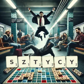 Kreatywna ilustracja do gry w Scrabble ze słowem SZTYCY ułożonym z płytek na planszy.