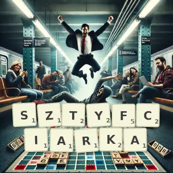 Kreatywna ilustracja do gry w Scrabble ze słowem SZTYFCIARKA ułożonym z płytek na planszy.