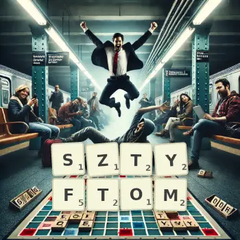 Kreatywna ilustracja do gry w Scrabble ze słowem SZTYFTOM ułożonym z płytek na planszy.