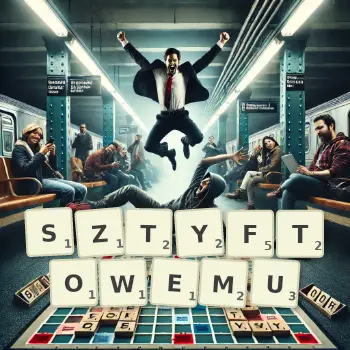 Kreatywna ilustracja do gry w Scrabble ze słowem SZTYFTOWEMU ułożonym z płytek na planszy.