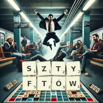 Kreatywna ilustracja do gry w Scrabble ze słowem SZTYFTÓW ułożonym z płytek na planszy.