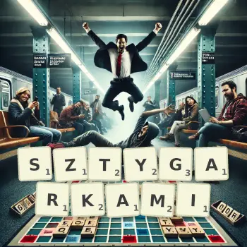 Kreatywna ilustracja do gry w Scrabble ze słowem SZTYGARKAMI ułożonym z płytek na planszy.
