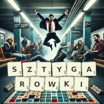 Kreatywna ilustracja do gry w Scrabble ze słowem SZTYGAROWKI ułożonym z płytek na planszy.