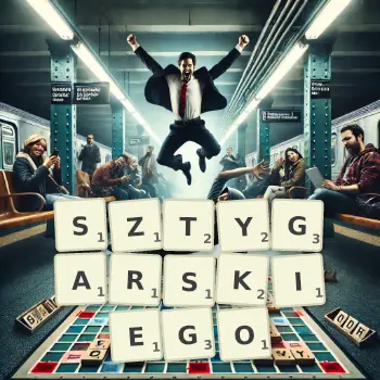 Kreatywna ilustracja do gry w Scrabble ze słowem SZTYGARSKIEGO ułożonym z płytek na planszy.