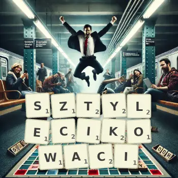 Kreatywna ilustracja do gry w Scrabble ze słowem SZTYLECIKOWACI ułożonym z płytek na planszy.
