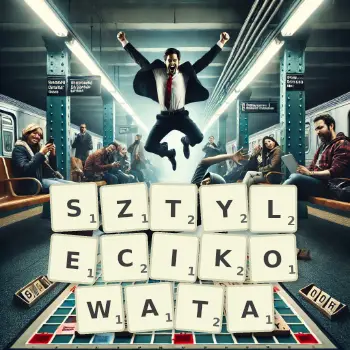 Kreatywna ilustracja do gry w Scrabble ze słowem SZTYLECIKOWATA ułożonym z płytek na planszy.