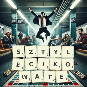 Kreatywna ilustracja do gry w Scrabble ze słowem SZTYLECIKOWATE ułożonym z płytek na planszy.