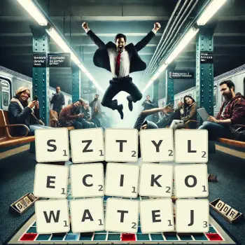 Kreatywna ilustracja do gry w Scrabble ze słowem SZTYLECIKOWATEJ ułożonym z płytek na planszy.