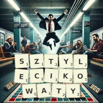Kreatywna ilustracja do gry w Scrabble ze słowem SZTYLECIKOWATY ułożonym z płytek na planszy.