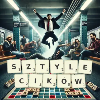 Kreatywna ilustracja do gry w Scrabble ze słowem SZTYLECIKÓW ułożonym z płytek na planszy.