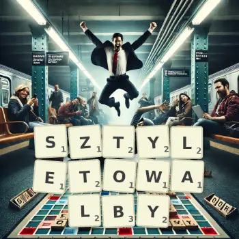 Kreatywna ilustracja do gry w Scrabble ze słowem SZTYLETOWALBY ułożonym z płytek na planszy.