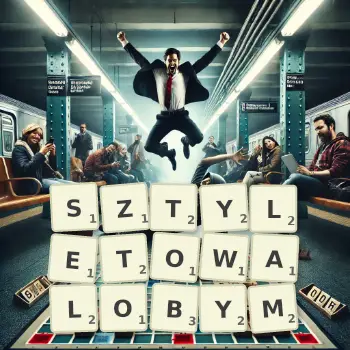 Kreatywna ilustracja do gry w Scrabble ze słowem SZTYLETOWALOBYM ułożonym z płytek na planszy.