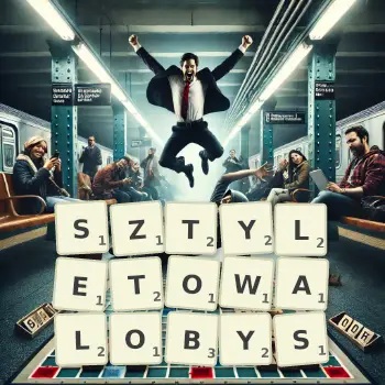 Kreatywna ilustracja do gry w Scrabble ze słowem SZTYLETOWALOBYS ułożonym z płytek na planszy.