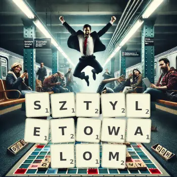 Kreatywna ilustracja do gry w Scrabble ze słowem SZTYLETOWALOM ułożonym z płytek na planszy.