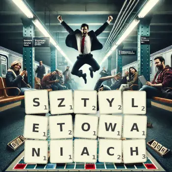 Kreatywna ilustracja do gry w Scrabble ze słowem SZTYLETOWANIACH ułożonym z płytek na planszy.