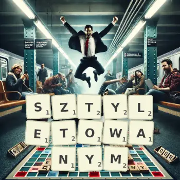 Kreatywna ilustracja do gry w Scrabble ze słowem SZTYLETOWANYM ułożonym z płytek na planszy.
