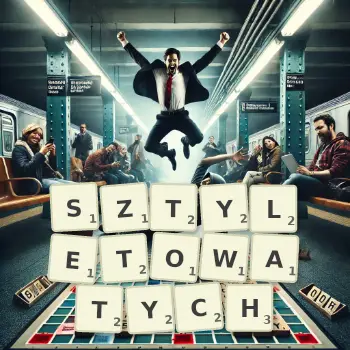 Kreatywna ilustracja do gry w Scrabble ze słowem SZTYLETOWATYCH ułożonym z płytek na planszy.