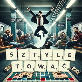 Kreatywna ilustracja do gry w Scrabble ze słowem SZTYLETOWAĆ ułożonym z płytek na planszy.