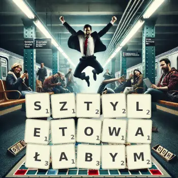 Kreatywna ilustracja do gry w Scrabble ze słowem SZTYLETOWAŁABYM ułożonym z płytek na planszy.