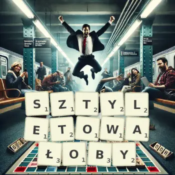 Kreatywna ilustracja do gry w Scrabble ze słowem SZTYLETOWAŁOBY ułożonym z płytek na planszy.