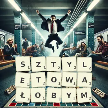 Kreatywna ilustracja do gry w Scrabble ze słowem SZTYLETOWAŁOBYM ułożonym z płytek na planszy.