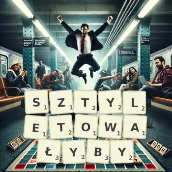 Kreatywna ilustracja do gry w Scrabble ze słowem SZTYLETOWAŁYBY ułożonym z płytek na planszy.