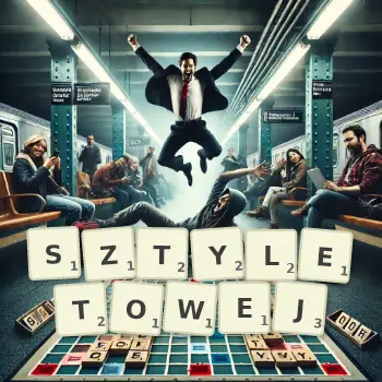 Kreatywna ilustracja do gry w Scrabble ze słowem SZTYLETOWEJ ułożonym z płytek na planszy.