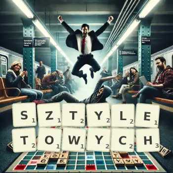 Kreatywna ilustracja do gry w Scrabble ze słowem SZTYLETOWYCH ułożonym z płytek na planszy.