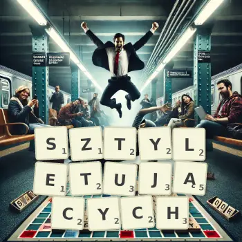 Kreatywna ilustracja do gry w Scrabble ze słowem SZTYLETUJĄCYCH ułożonym z płytek na planszy.