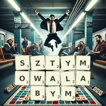 Kreatywna ilustracja do gry w Scrabble ze słowem SZTYMOWALABYM ułożonym z płytek na planszy.