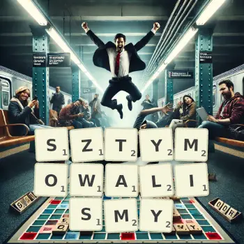 Kreatywna ilustracja do gry w Scrabble ze słowem SZTYMOWALISMY ułożonym z płytek na planszy.