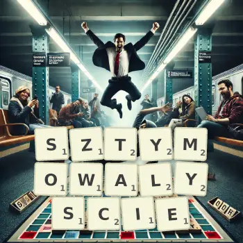 Kreatywna ilustracja do gry w Scrabble ze słowem SZTYMOWALYSCIE ułożonym z płytek na planszy.