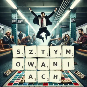 Kreatywna ilustracja do gry w Scrabble ze słowem SZTYMOWANIACH ułożonym z płytek na planszy.
