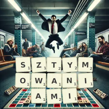 Kreatywna ilustracja do gry w Scrabble ze słowem SZTYMOWANIAMI ułożonym z płytek na planszy.