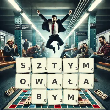 Kreatywna ilustracja do gry w Scrabble ze słowem SZTYMOWAŁABYM ułożonym z płytek na planszy.