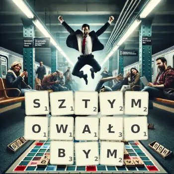 Kreatywna ilustracja do gry w Scrabble ze słowem SZTYMOWAŁOBYM ułożonym z płytek na planszy.