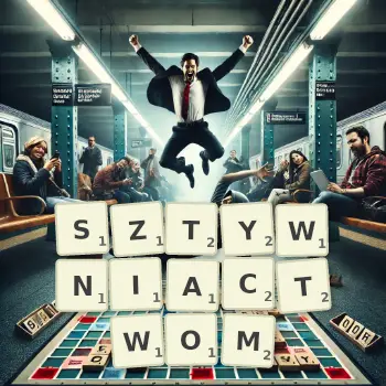Kreatywna ilustracja do gry w Scrabble ze słowem SZTYWNIACTWOM ułożonym z płytek na planszy.