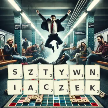 Kreatywna ilustracja do gry w Scrabble ze słowem SZTYWNIACZEK ułożonym z płytek na planszy.