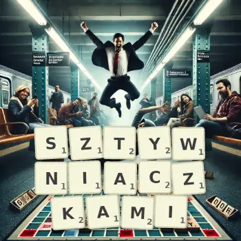 Kreatywna ilustracja do gry w Scrabble ze słowem SZTYWNIACZKAMI ułożonym z płytek na planszy.