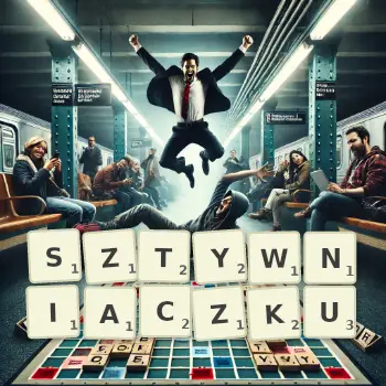 Kreatywna ilustracja do gry w Scrabble ze słowem SZTYWNIACZKU ułożonym z płytek na planszy.